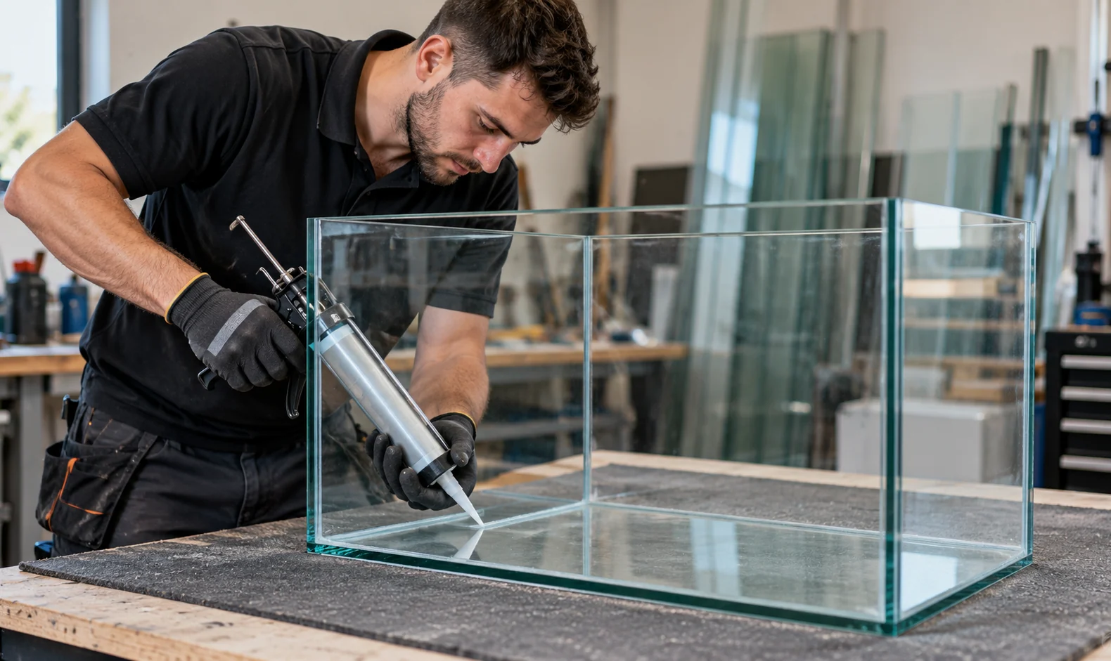 Illustration d’un technicien appliquant le silicone sur une cuve d’aquarium en verre vide
