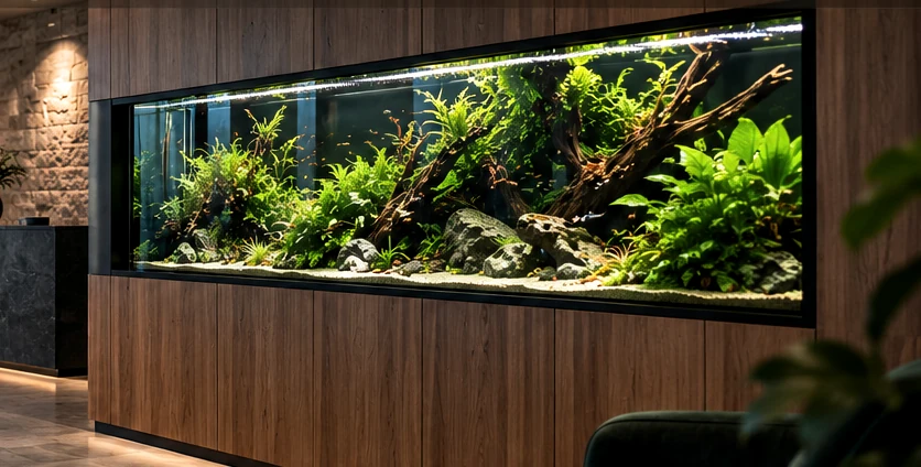 Exemple d'ambiance pour un aquarium intégré dans un espace professionnel