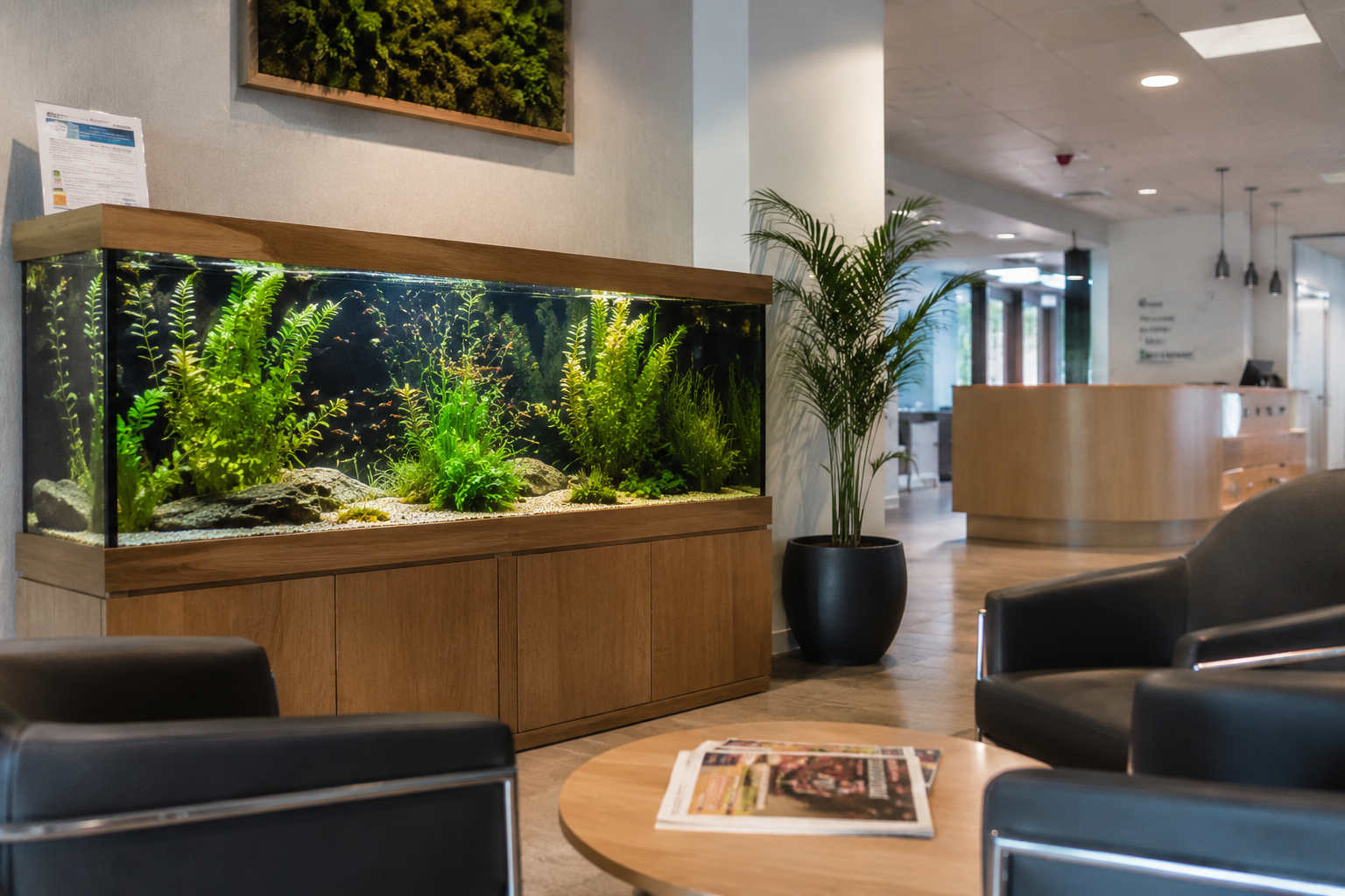 Aquarium planté intégré dans le mobilier d’un espace d’accueil professionnel